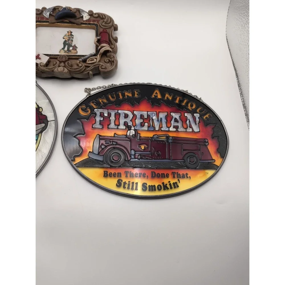 Genuine Antique Fireman Picture‎ Frame Stained Glass (Gift For Your Fireman) Lot